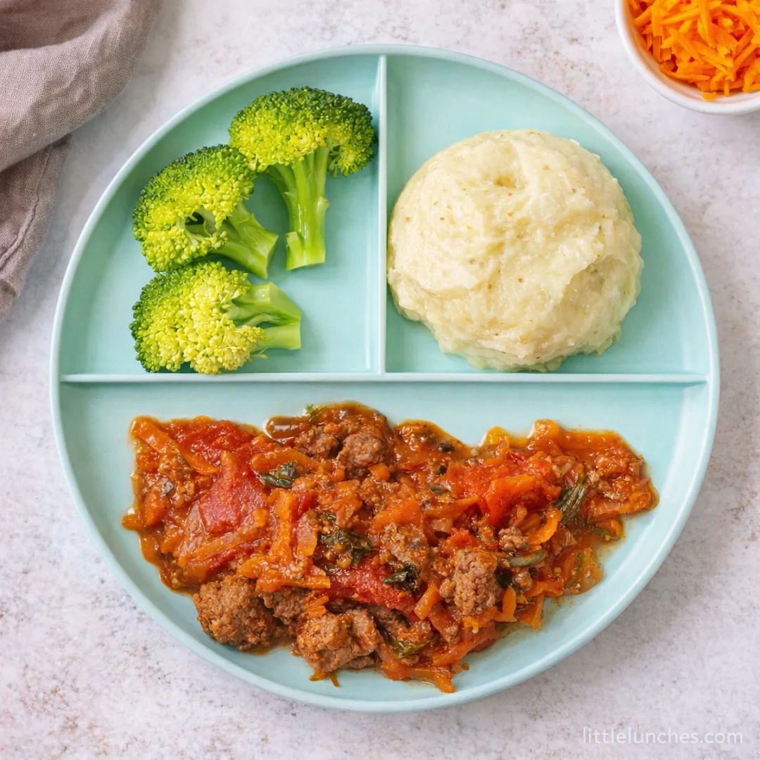 Baby bolognese with mashed potatoes and broccoli