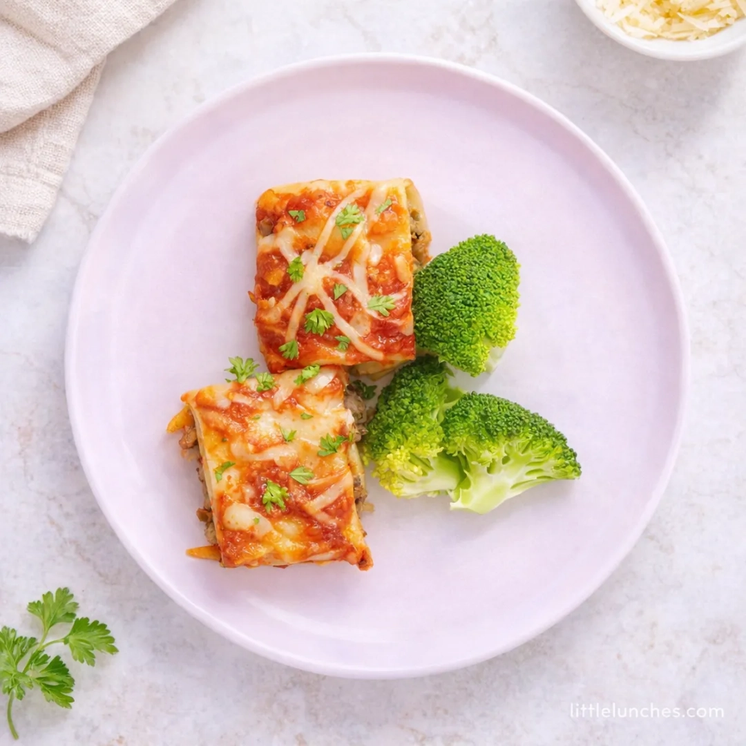 Bolognese lasagna rolls with a side of broccoli