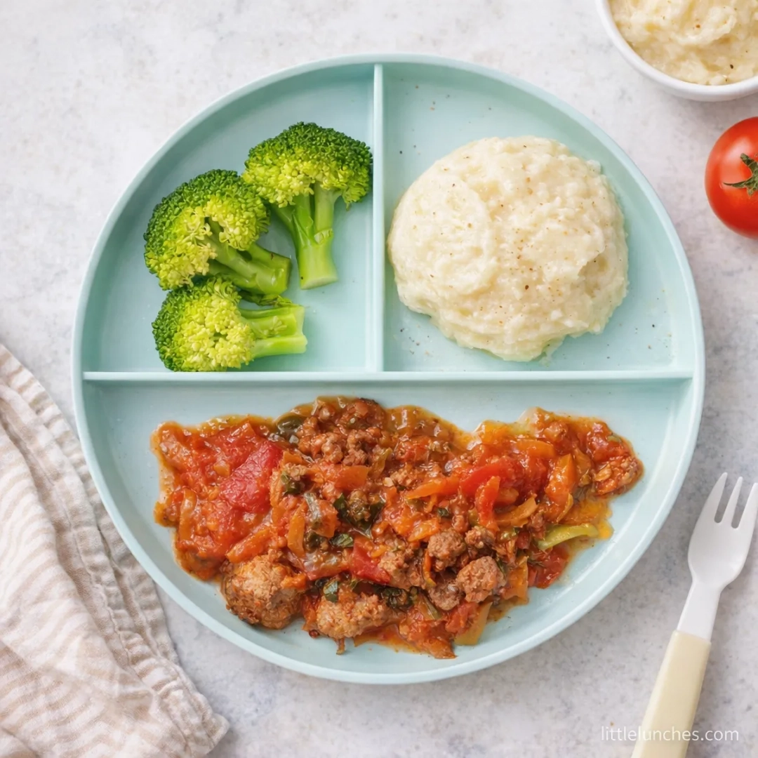 Bolognese with mashed potatoes and broccoli