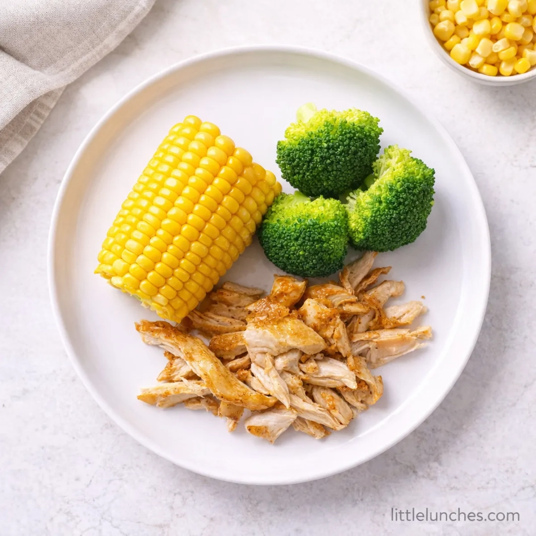 Chicken, corn, and broccoli