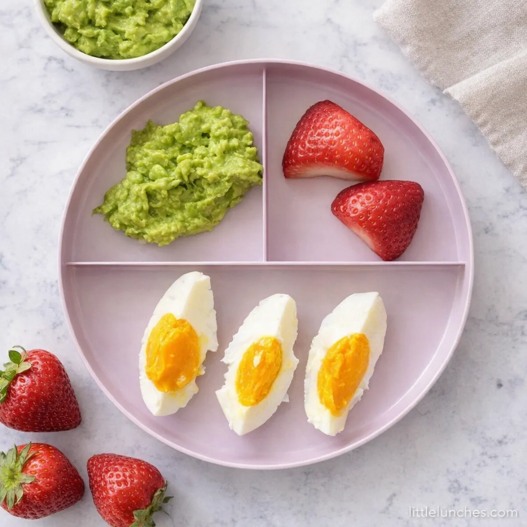 Egg, avocado, and strawberries