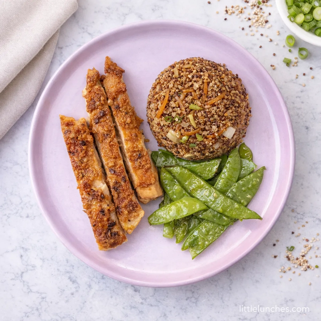 Miso chicken with snow peas and sesame quinoa rice
