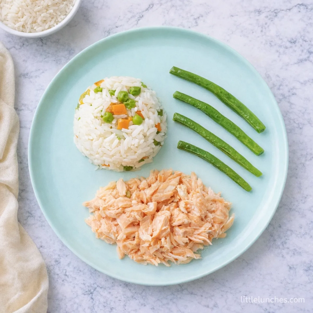 Pan seared fish with veggie rice and green beans