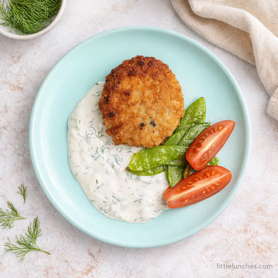 Salmon patties with yogurt sauce and veggies