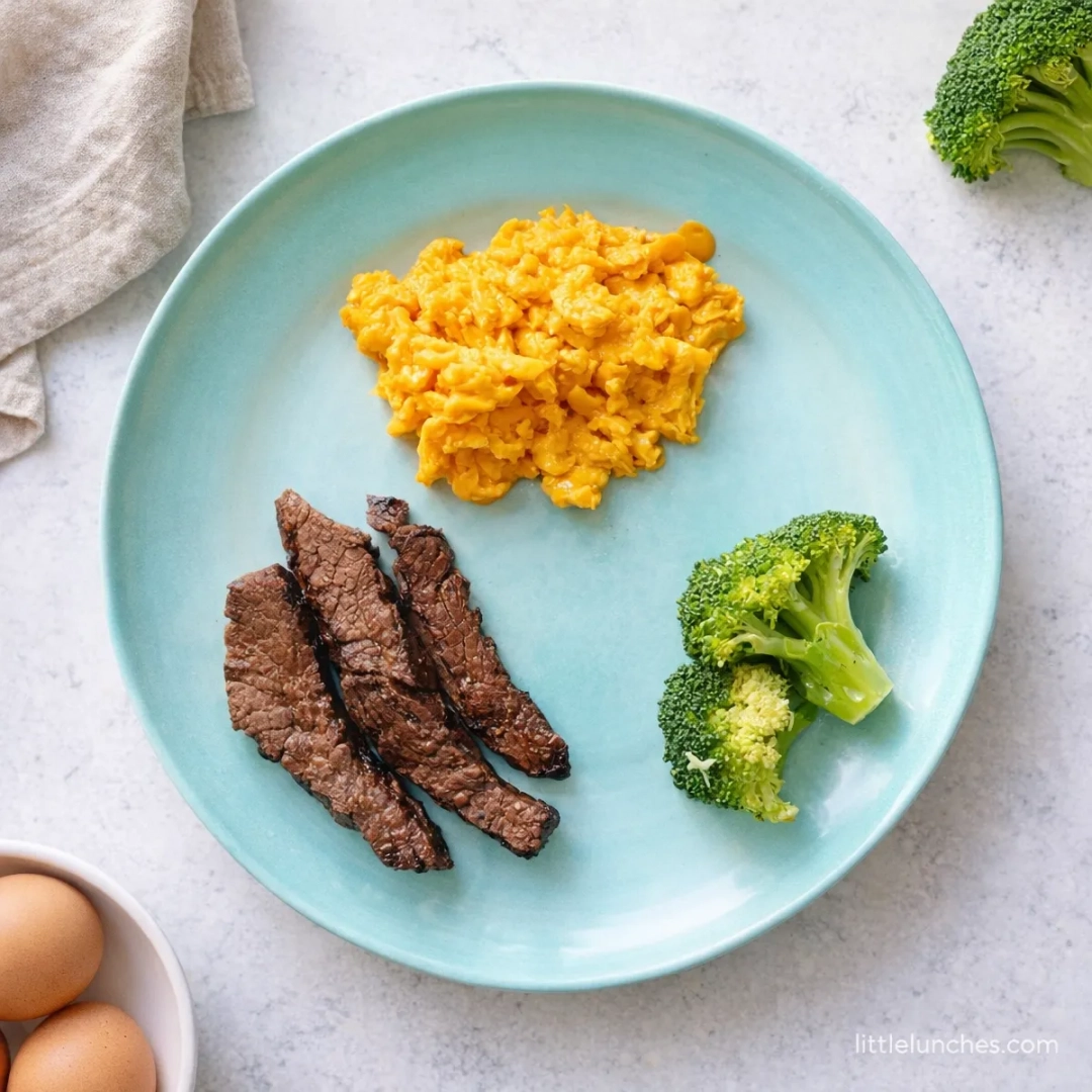 Steak strips with broccoli and sweet potato pure