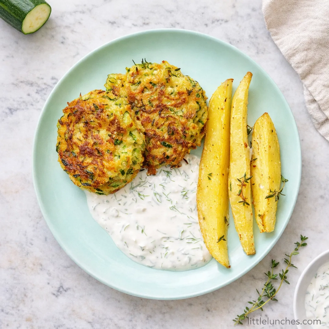 Zucchini fritters and baked potato wedges