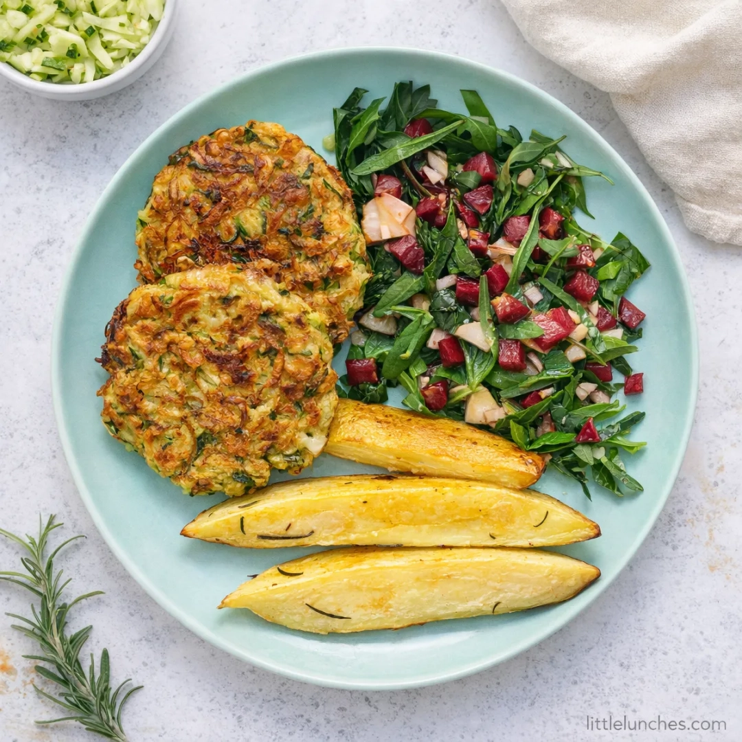 Zucchini fritters with garden salad and potatoes