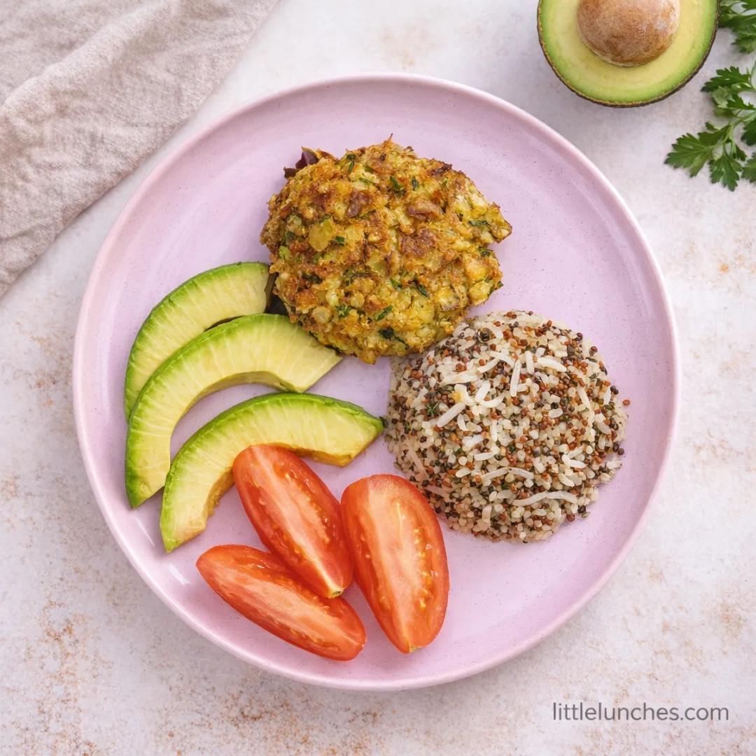 Zucchini fritters with quinoa rice, avocado, and tomatoes